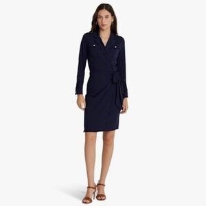 Lauren Ralph Lauren Dark Navy Blue Stretch Jersey Wrap Designer Dress P/L